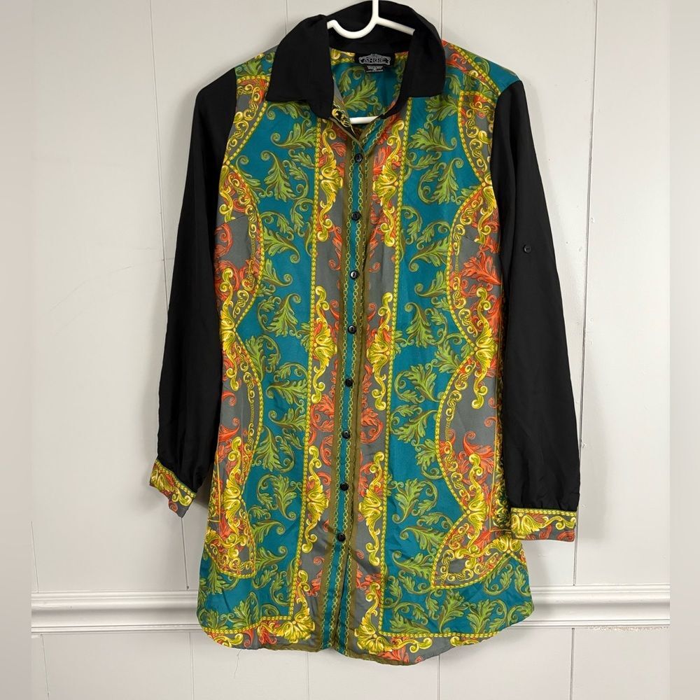 Angie Baroque Paisley Button Down Shirt Small Tunic Statement Dress Boho Retro